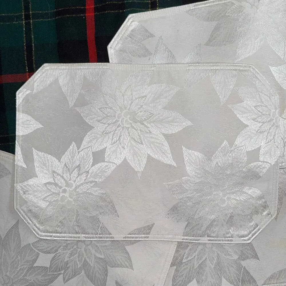 Set‎ of 7 White Woven Poinsettia Pattern Placemats with Cut Corners
